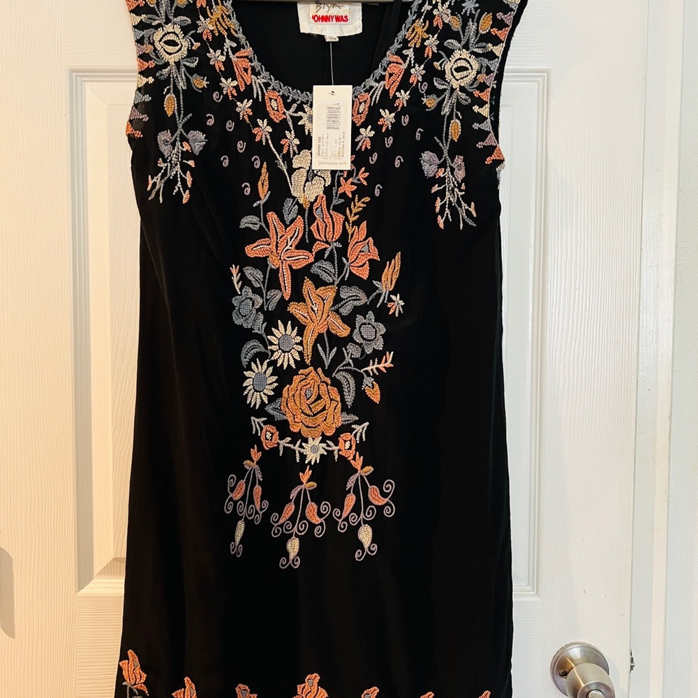 Johnny Was Black Dress with Orange and White Embroidery100%silk-no wear